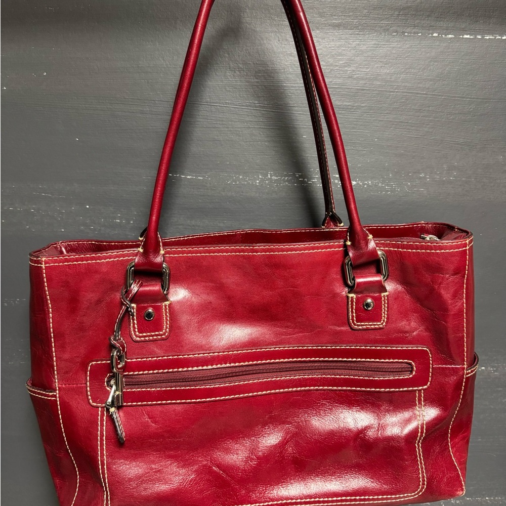 Fossil Red Leather Tote Bag
